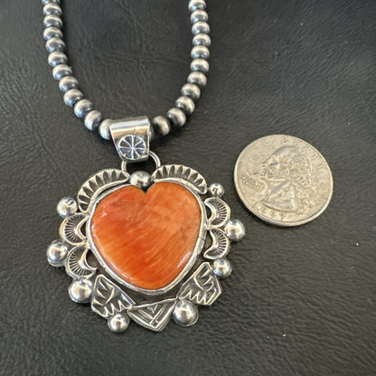 H Joe Orange Spiny Oyster Heart Pendant Navajo Sterling Silver Necklace 19486