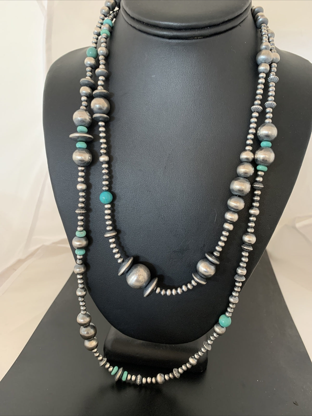 Native Sterling Silver Beads Royston Turquoise 48in Necklace 01401