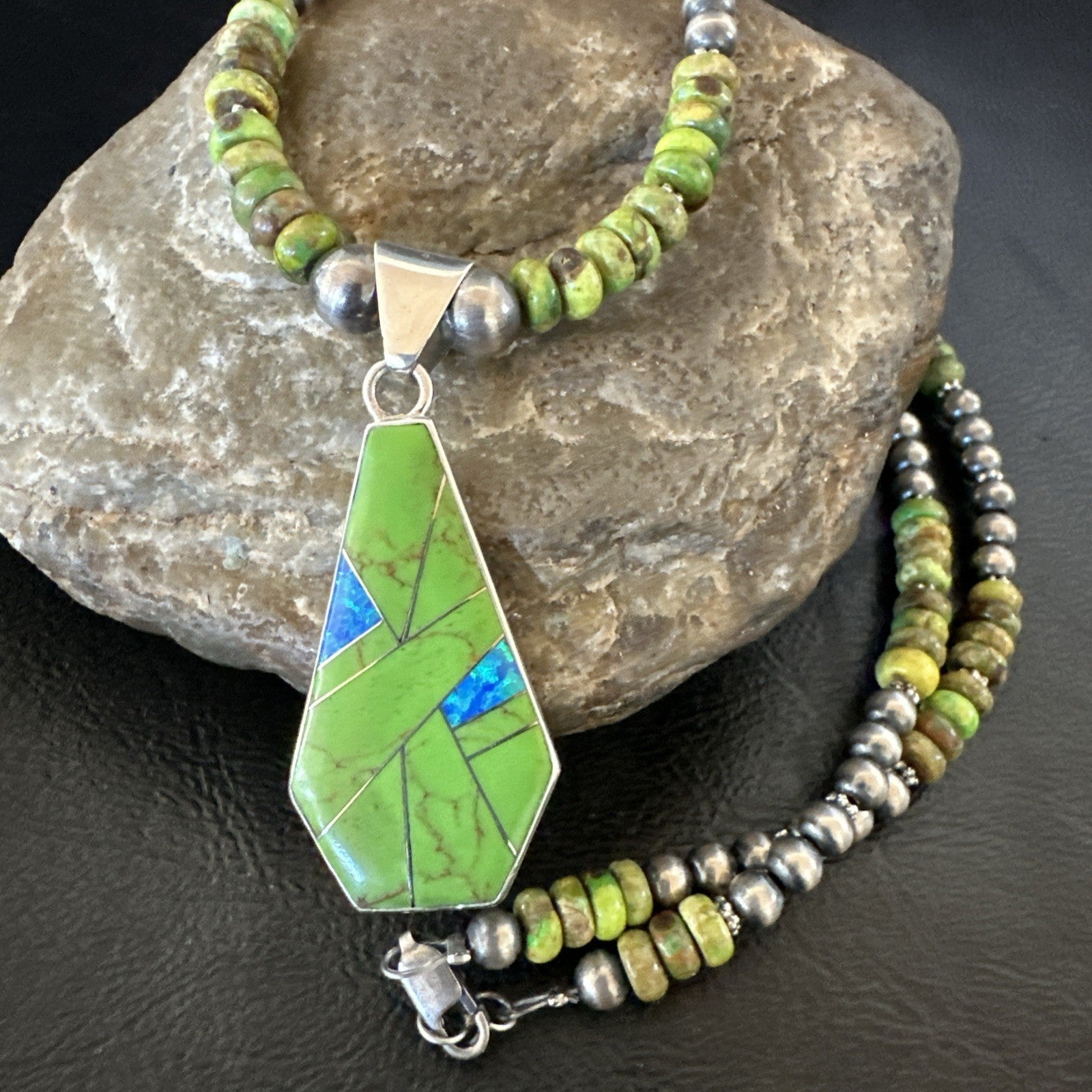 Womens Green Gaspeite Turquoise Pendant Navajo Sterling Silver Necklace 19546