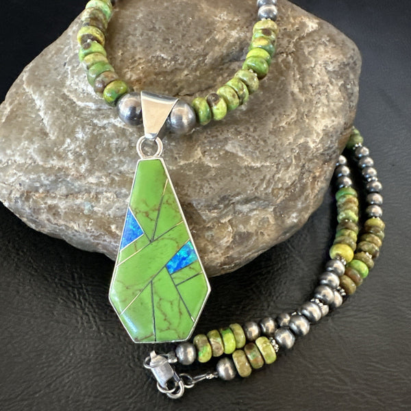 Women's Green Gaspeite Turquoise Pendant Navajo Necklace | Sterling Silver | Authentic Native American Handmade | 19546
