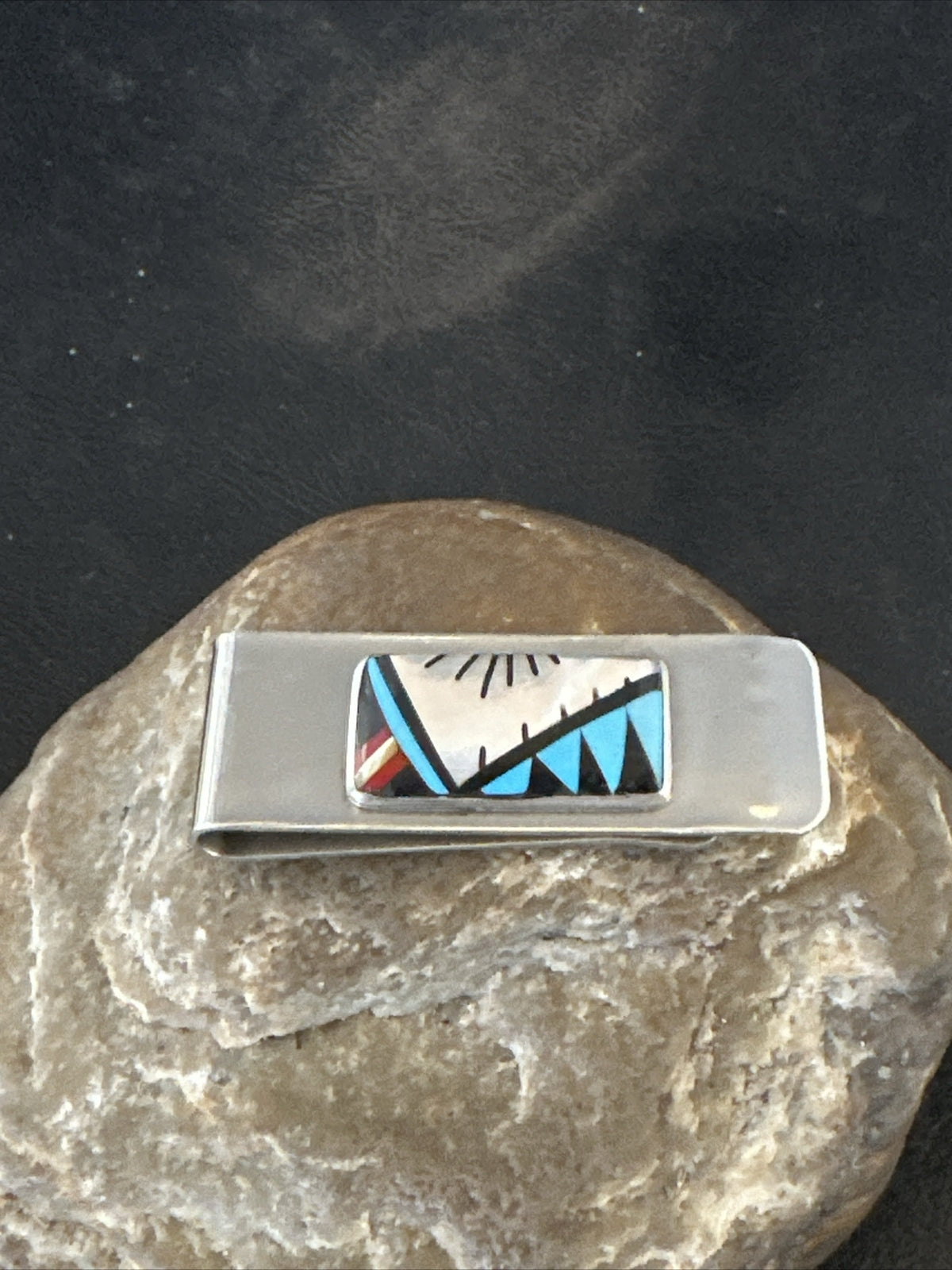 A Zuni Mens Turquoise Spiny Inlay Stainless Sterling Silver Money Clip 17834