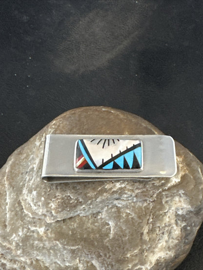 A Zuni Mens Turquoise Spiny Inlay Stainless Sterling Silver Money Clip 17834