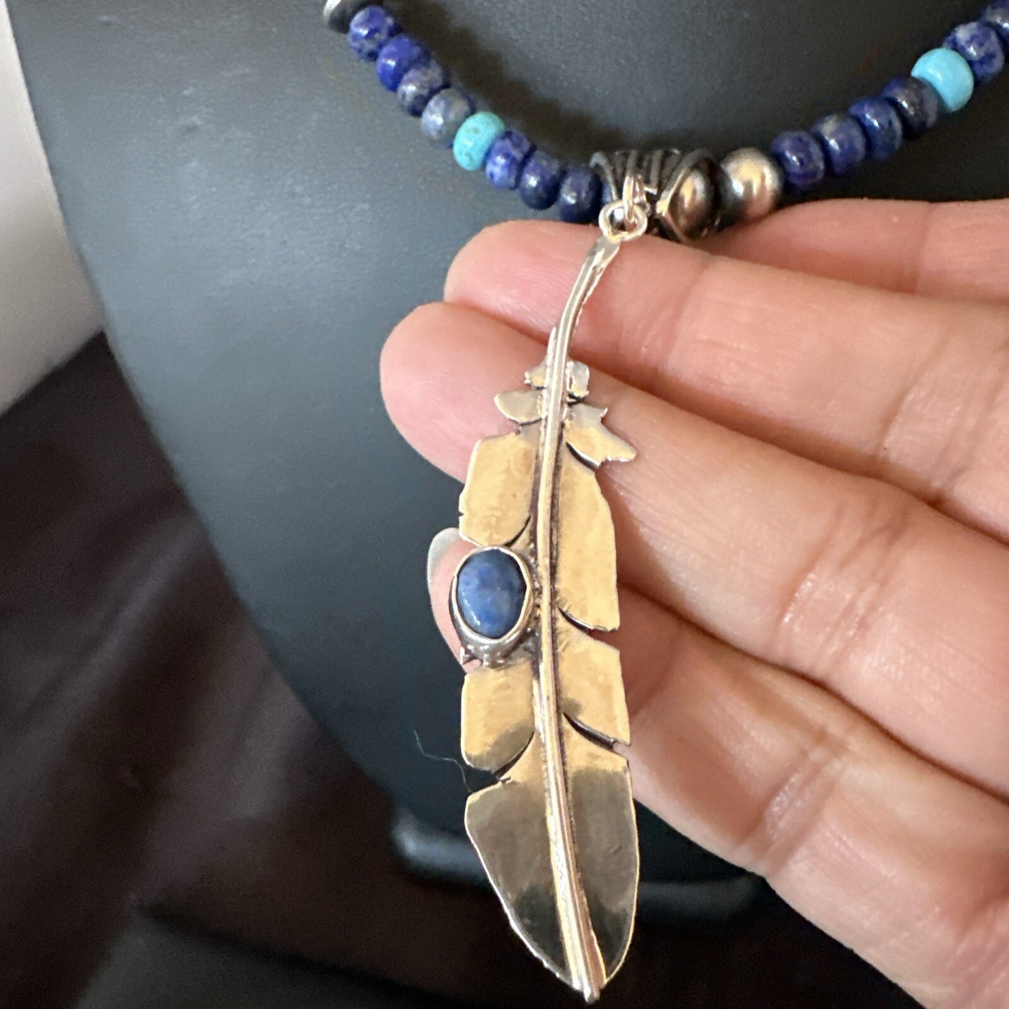 Blue Turquoise Lapis Feather Pendant Navajo Sterling Silver Necklace 21” 17789