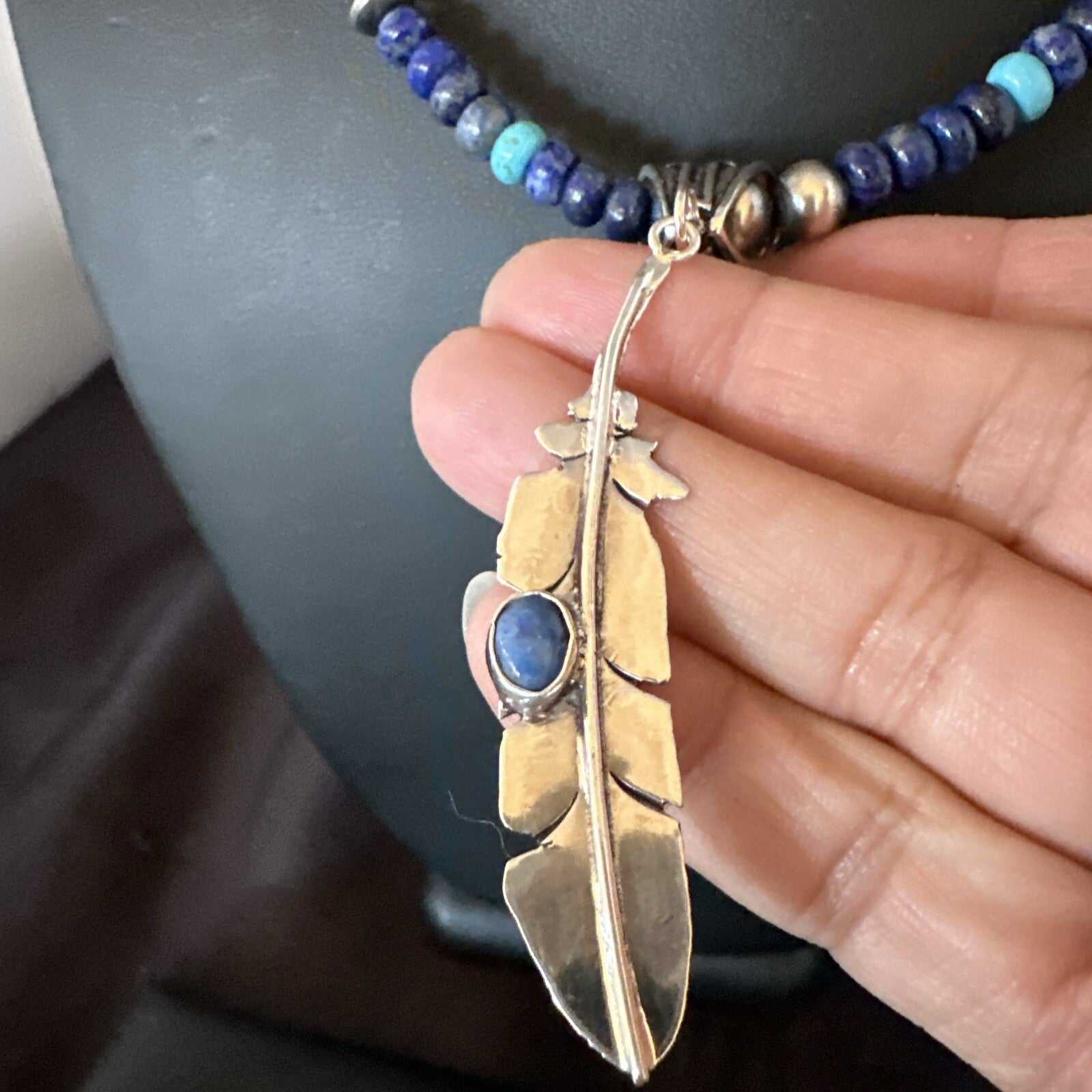 Blue Turquoise Lapis Feather Pendant Navajo Sterling Silver Necklace 21” 17789