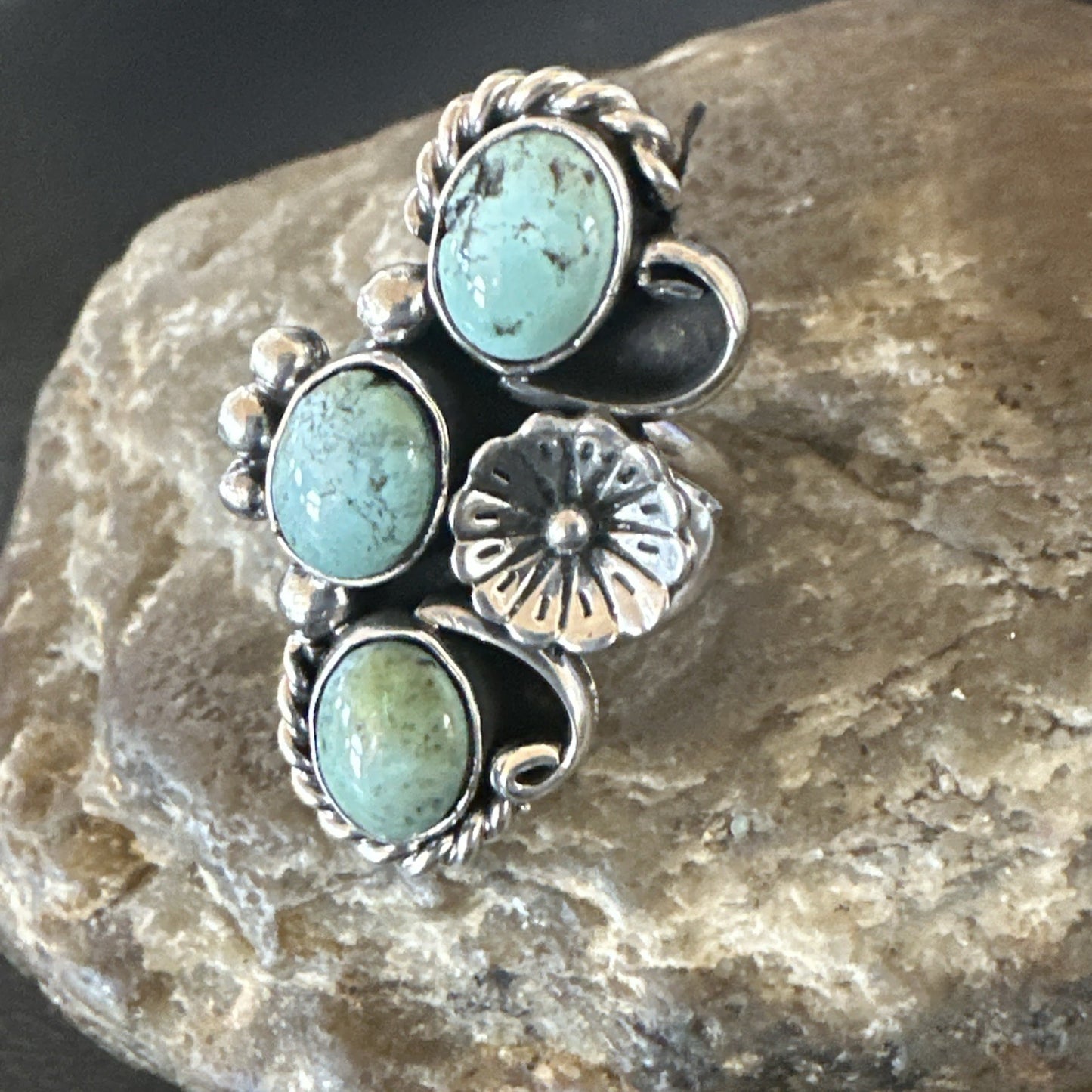Blue Green Turquoise Navajo Sterling Silver Cluster Ring Size 8.5 19080