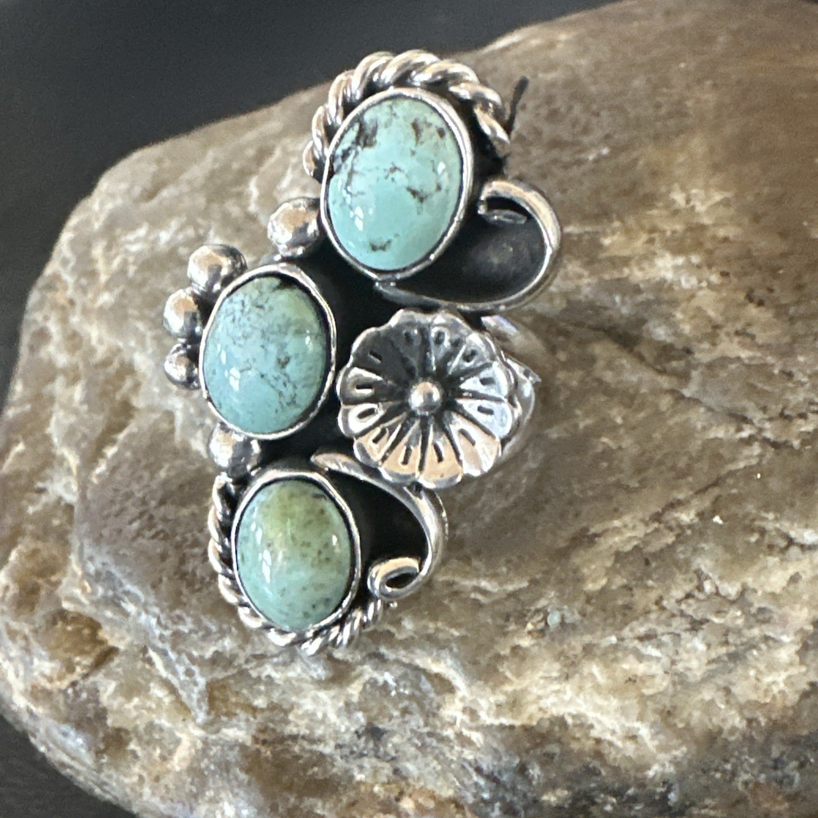 Blue Green Turquoise Navajo Sterling Silver Cluster Ring Size 8.5 19080
