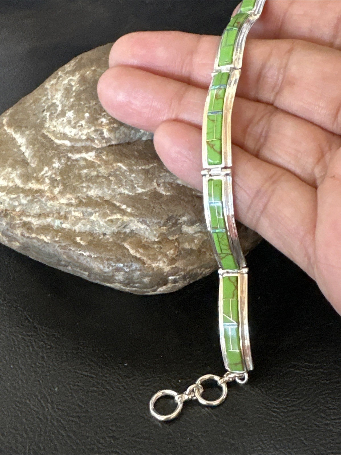 Womens Green Gaspeite Inlay Link Bracelet 7.5” Sterling Silver 19152