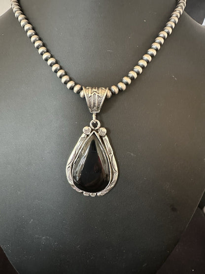 Black Onyx Pendant Navajo Pearls Sterling Silver Necklace 19386