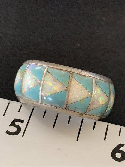 Mens Blue Turquoise Opal Navajo Sterling Silver Inlay Ring Size 11 19606