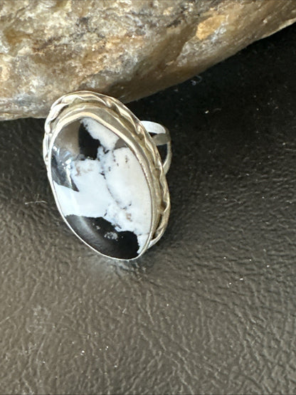 Black White Buffalo Turquoise Navajo Sterling Silver Ring Size 7 19806