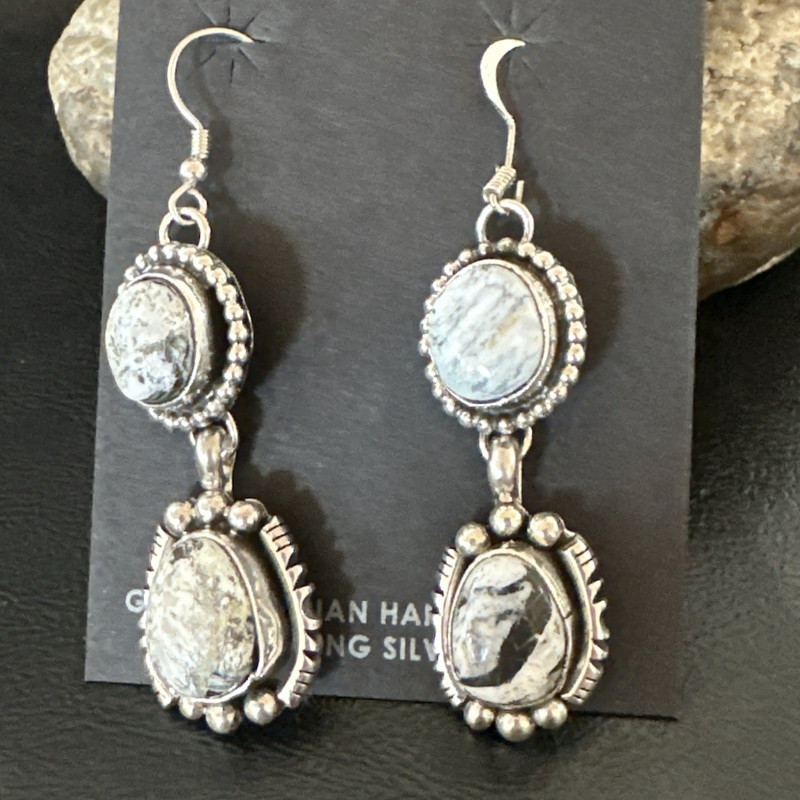 Womens Navajo White Buffalo Turquoise Sterling Silver Dangle Earrings 2" 19309