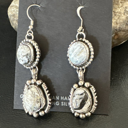 Womens Navajo White Buffalo Turquoise Sterling Silver Dangle Earrings 2" 19309