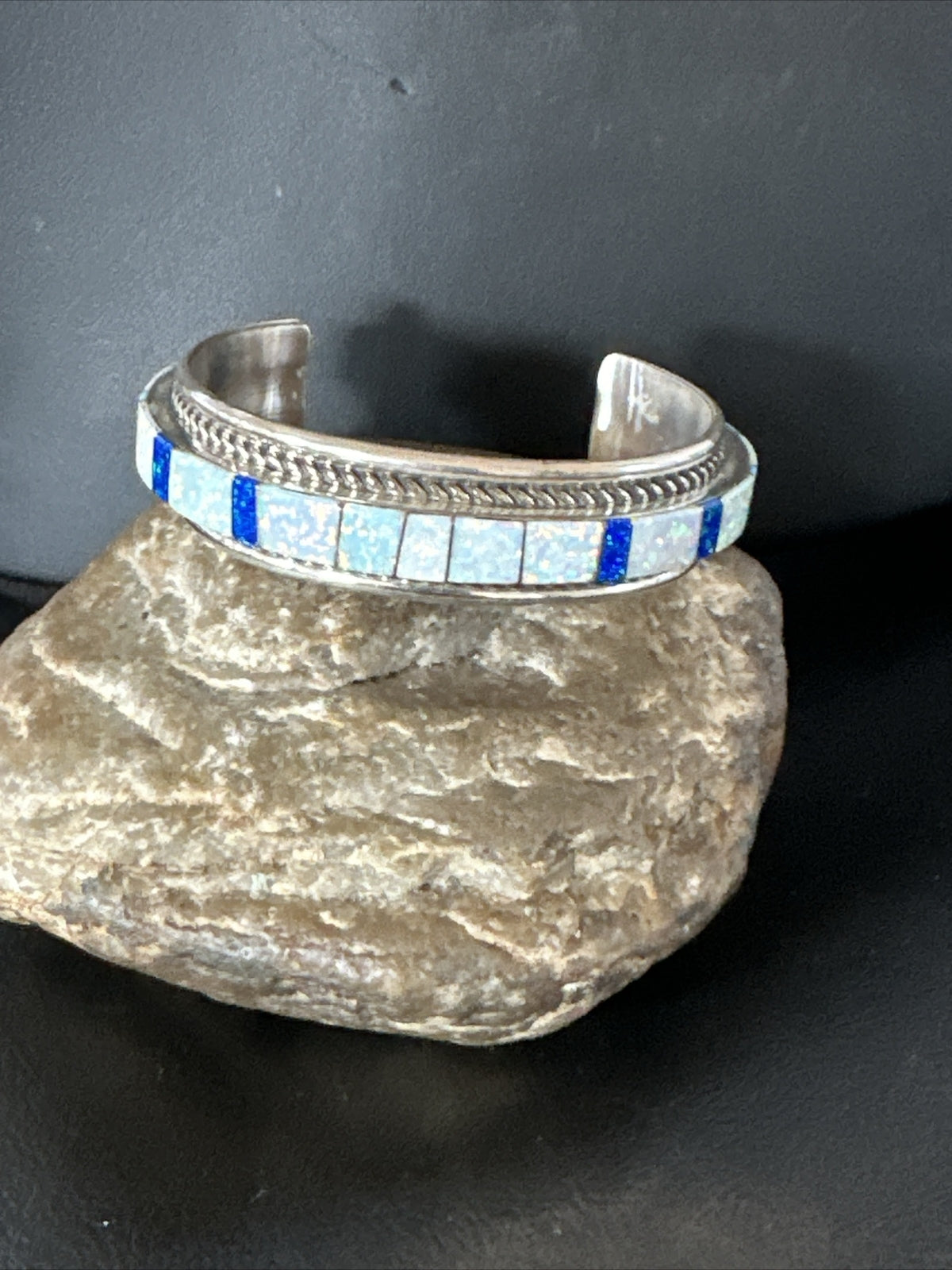 Blue Lapis Opal Zuni Sterling Silver Cuff Inlay Bracelet 17956