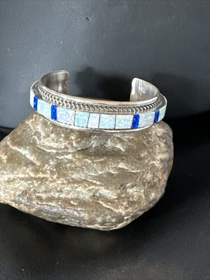 Blue Lapis Opal Zuni Sterling Silver Cuff Inlay Bracelet 17956