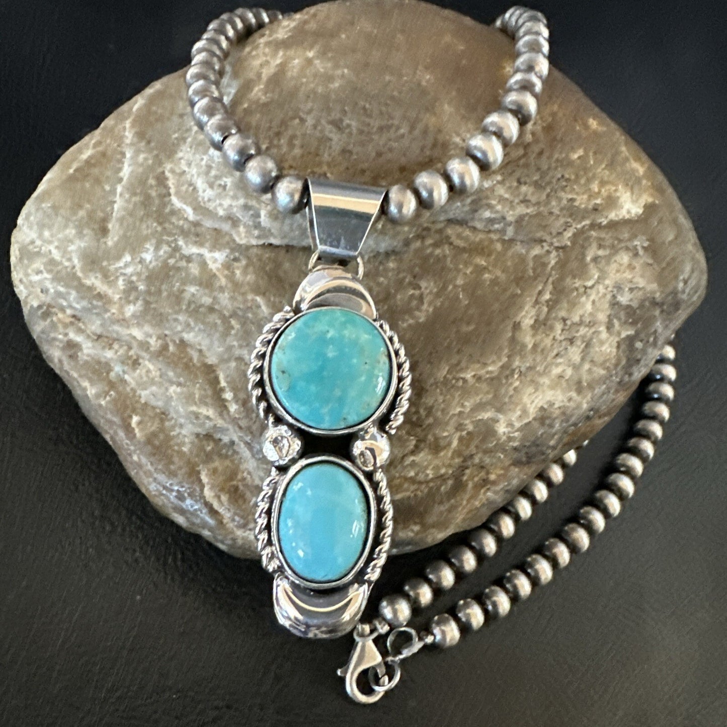 Blue Turquoise 2 Stone Navajo Sterling Silver Cluster Pendant 18192