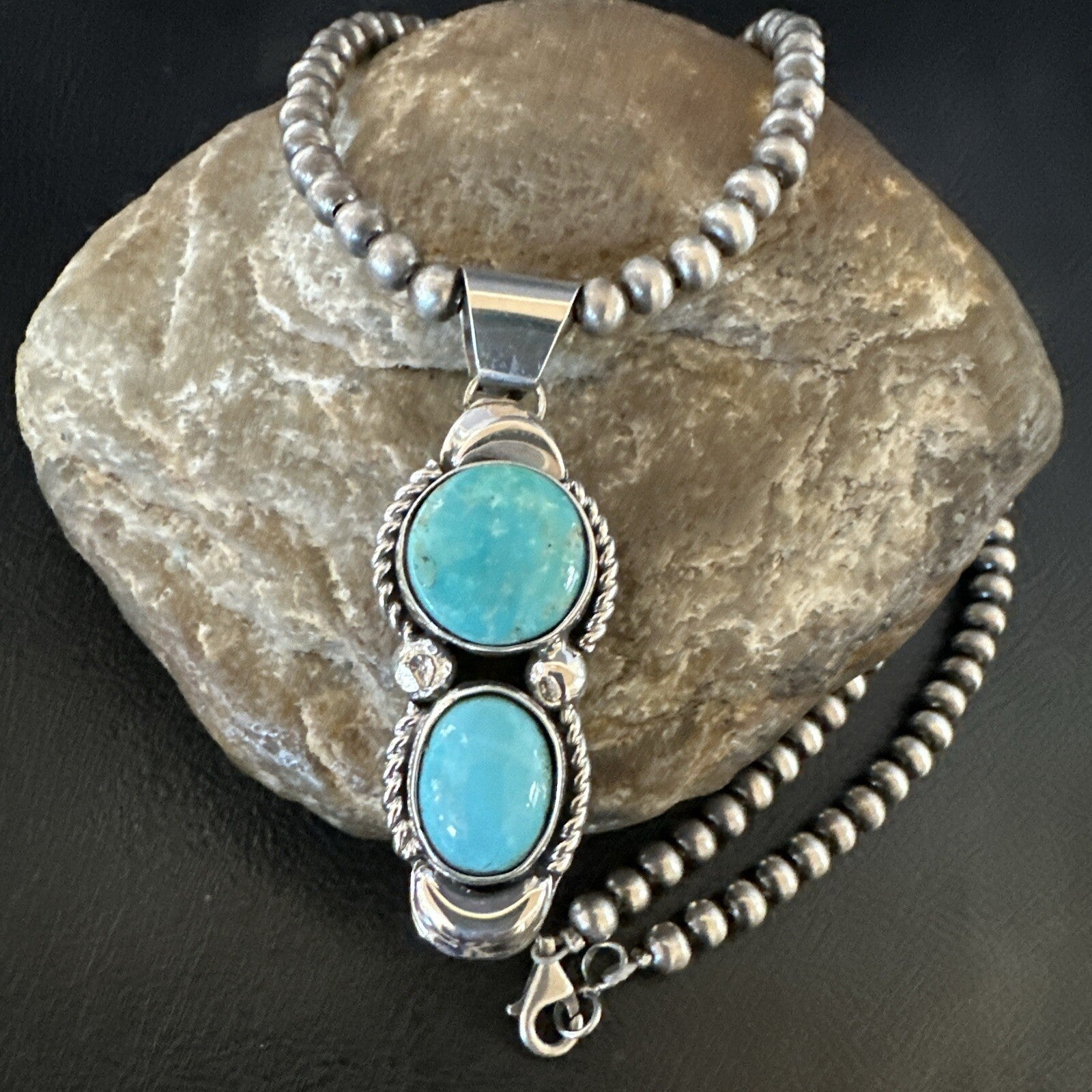 Blue Turquoise 2 Stone Navajo Sterling Silver Cluster Pendant 18192