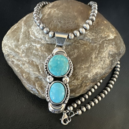 Blue Turquoise 2 Stone Navajo Sterling Silver Cluster Pendant 18192