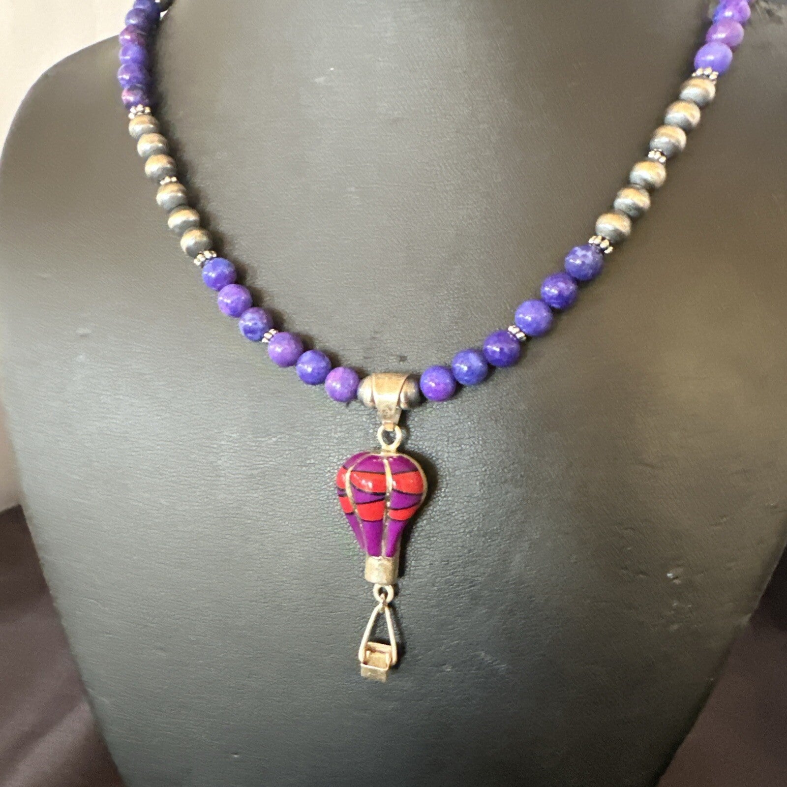 Balloon Red Coral Purple Pendant Navajo Sterling Silver Necklace 22" 18346