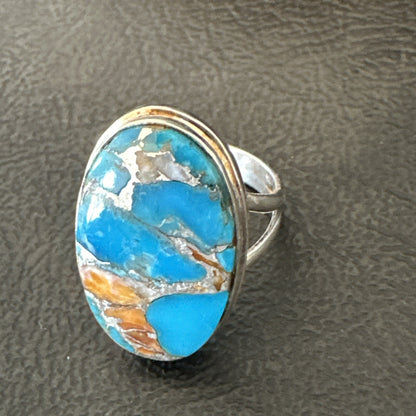 Blue Turquoise Spiny Oyster Southwestern Sterling Silver Ring Size 7 18443