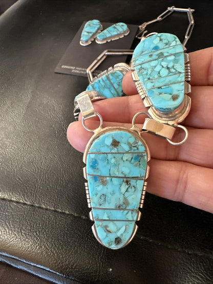 Inlay Kingman Turquoise Sterling Silver Lariat Necklace Pendant Earrings 19075