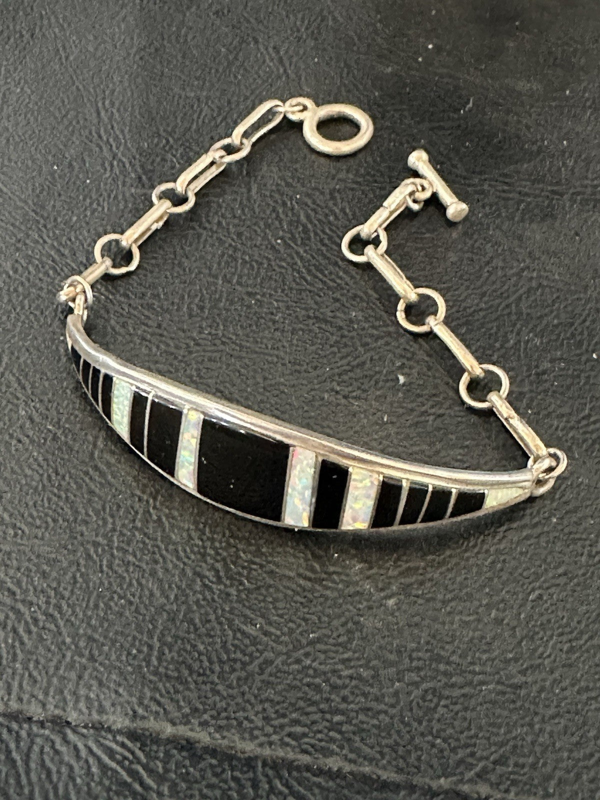 Inlay Bracelet Black Onyx Navajo Old Pawn Sterling Silver Link Bracelet 7" 19793
