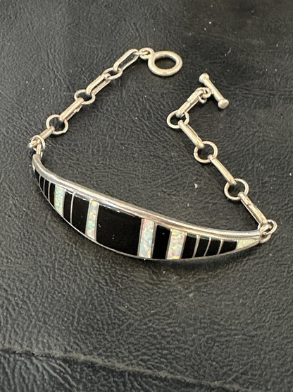 Inlay Bracelet Black Onyx Navajo Old Pawn Sterling Silver Link Bracelet 7" 19793