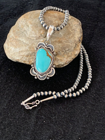 Mens Navajo Pearls Sterling Silver Royston Turquoise Necklace Pendant 04306