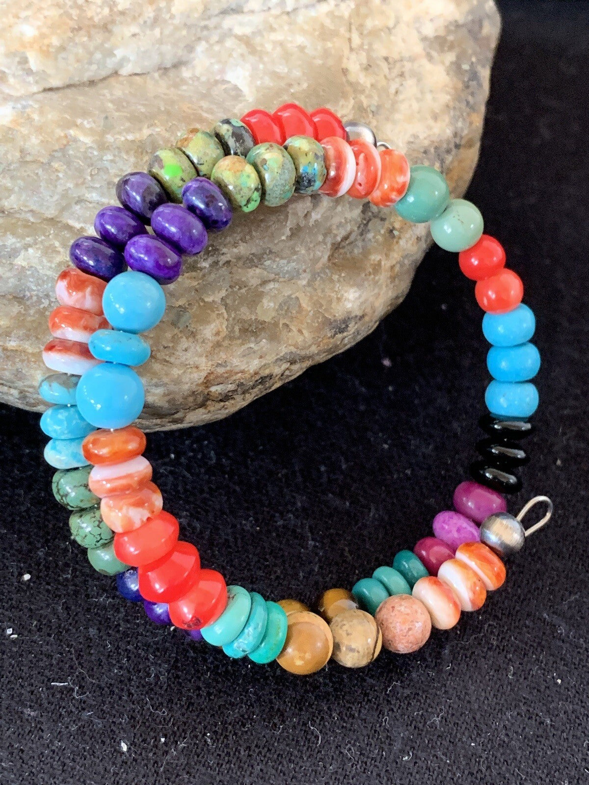 Turquoise, Coral, Tigers Eye, Onyx Navajo Stainless Memory Wire Bracelet 515