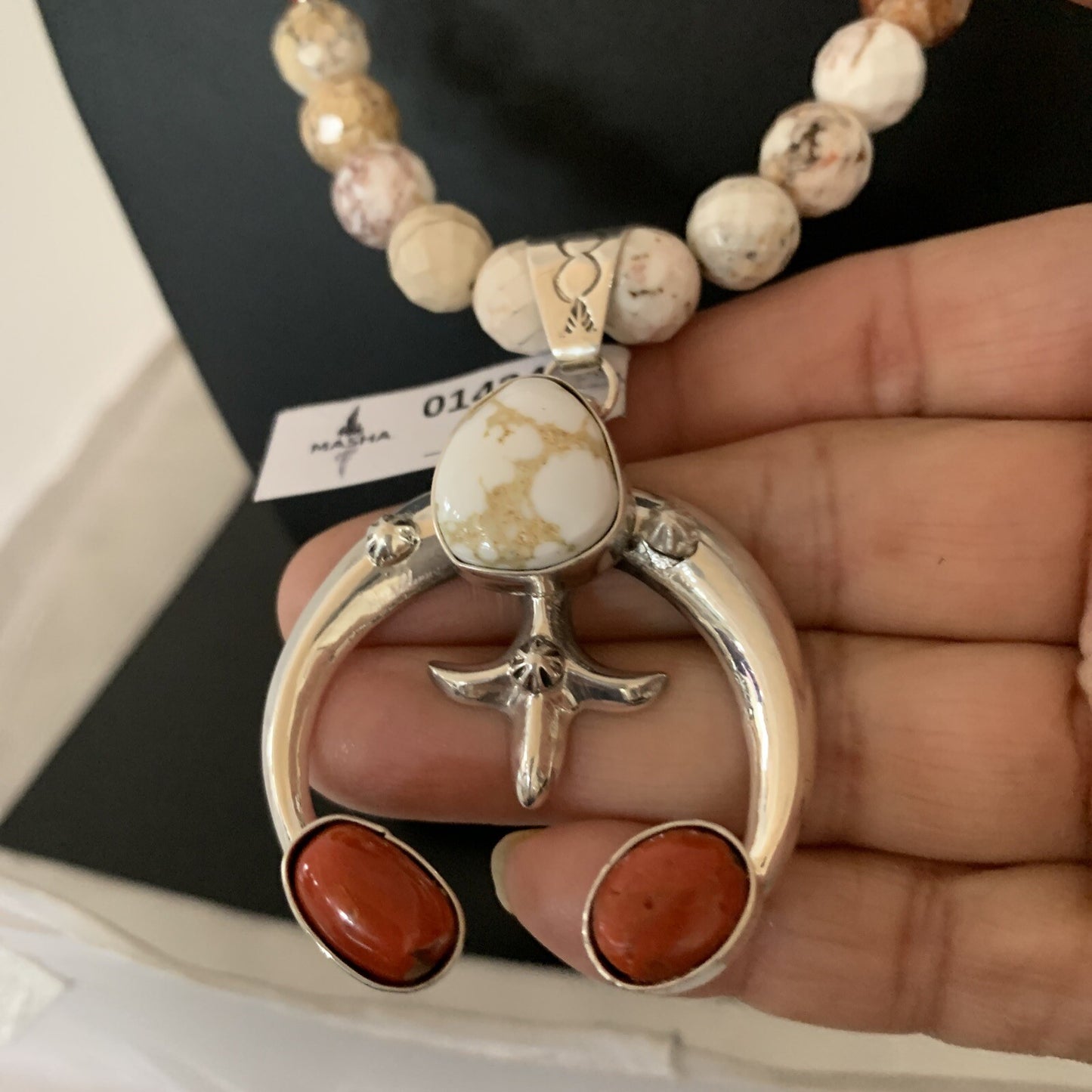 White Buffalo Turquoise Coral Naja Pendant Navajo Sterling Silver Necklace 01434