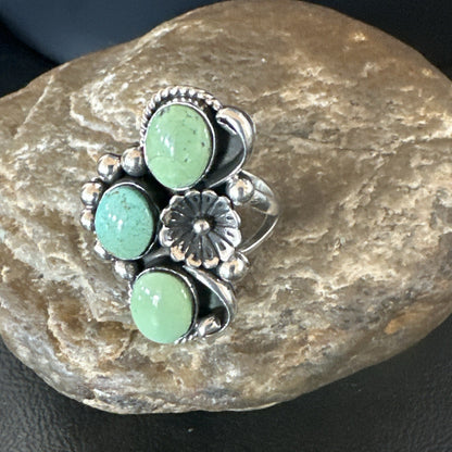 Yazzie Ring Green Turquoise Navajo Sterling Silver Cluster Size 9 19210