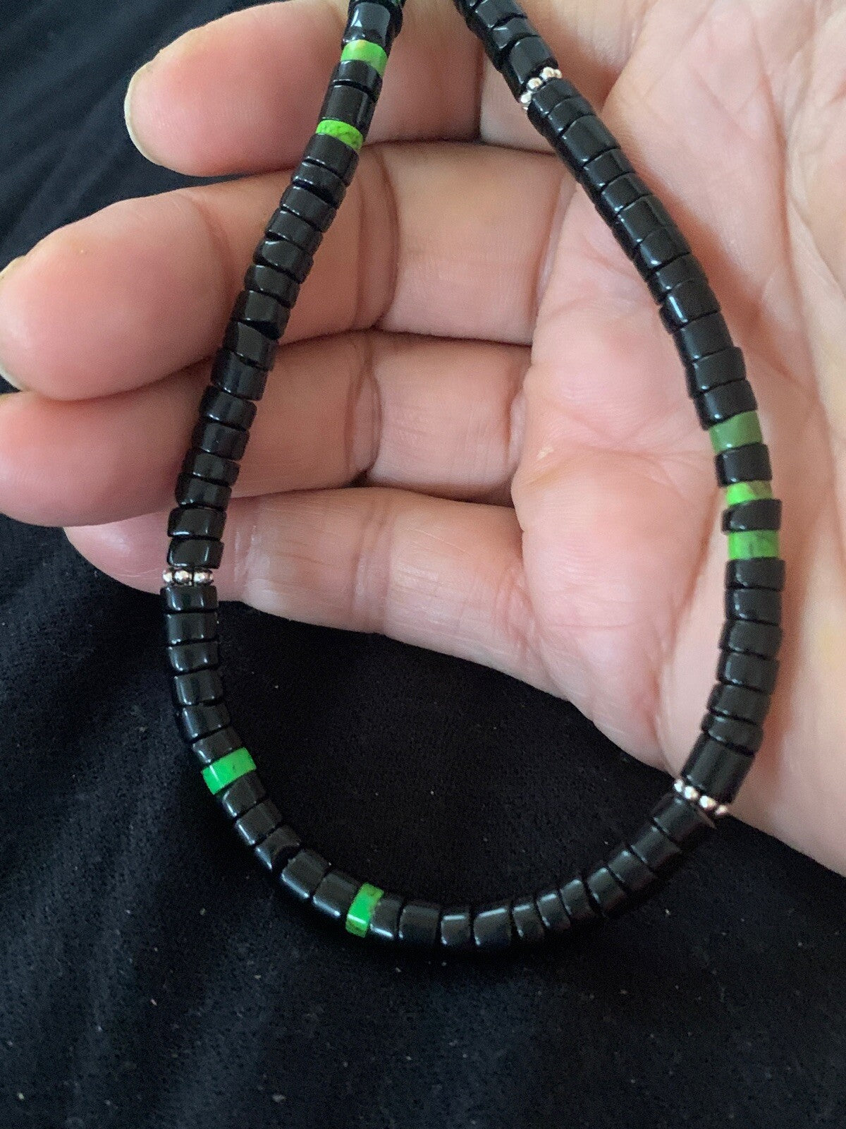 Native Green Turquoise & Onyx Heishi Navajo Sterling Silver Necklace 4687