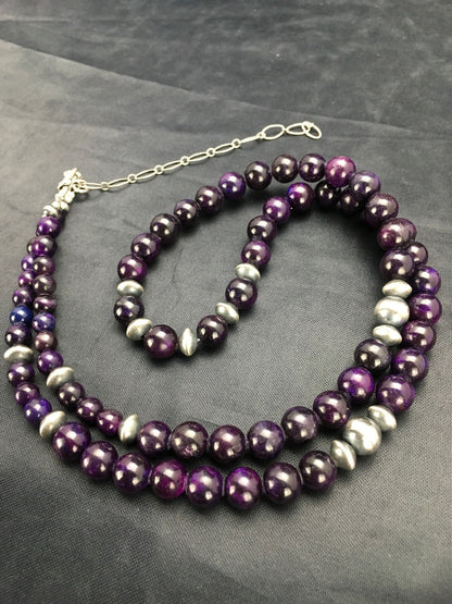 Purple Stone Round Bead Navajo Indian Sterling Silver Necklace 08110