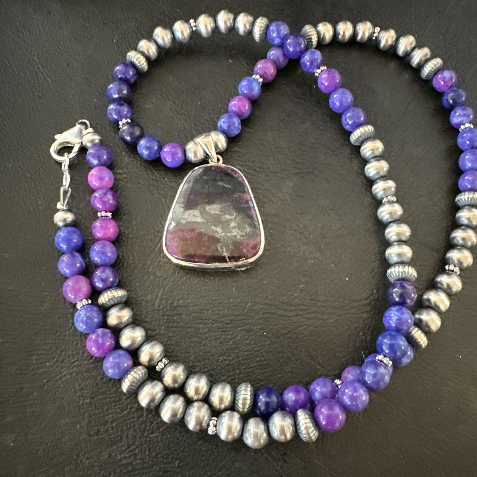 Purple Stone Pendant Navajo Pearls Sterling Silver Necklace 23" 17890