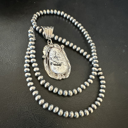 White Buffalo Turquoise Pendant Navajo Pearls Sterling Silver Necklace 19336