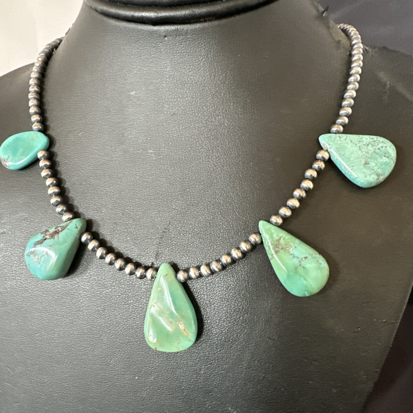 Blue Green Turquoise Teardrop Navajo Pearls Sterling Silver Necklace 20" 17746