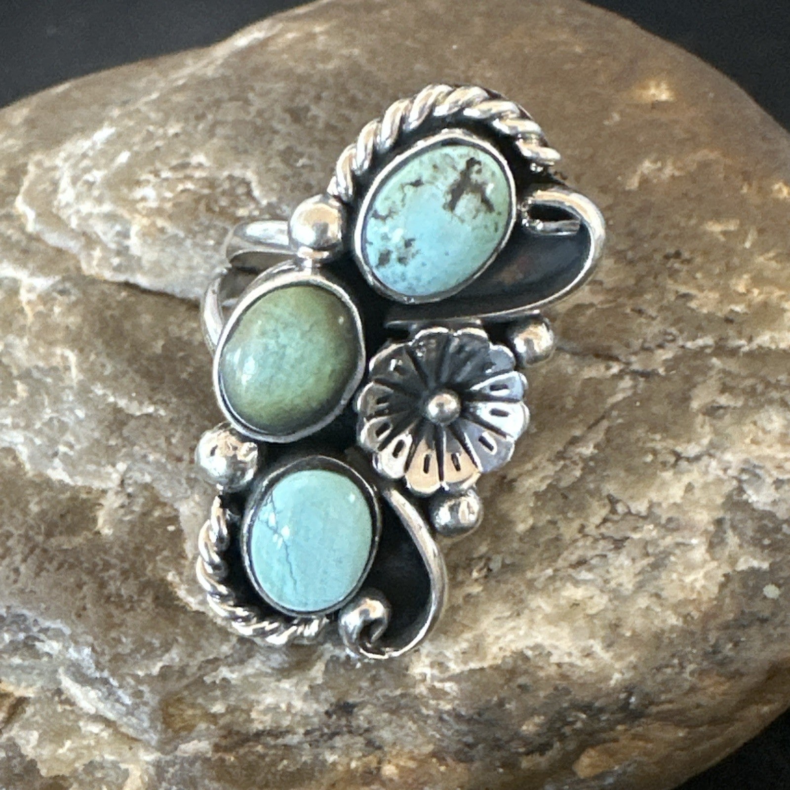 Blue Green Turquoise Navajo Sterling Silver Cluster Ring Size 8.5 19079