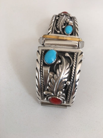 Women Blue Sleeping Beauty Turquoise Red Coral Sterling Silver Watches 10010