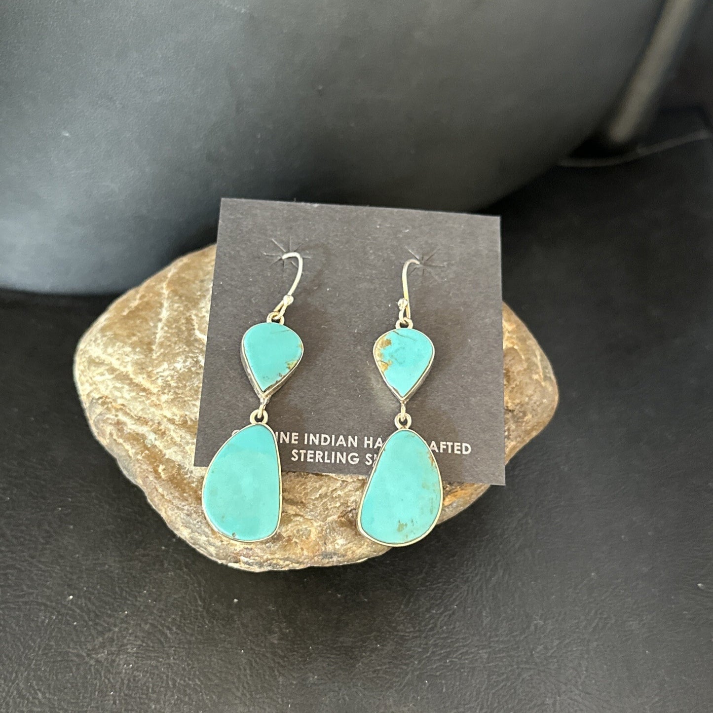 Blue Kingman Turquoise Navajo Sterling Silver Dangle 1.5" Earrings 14576