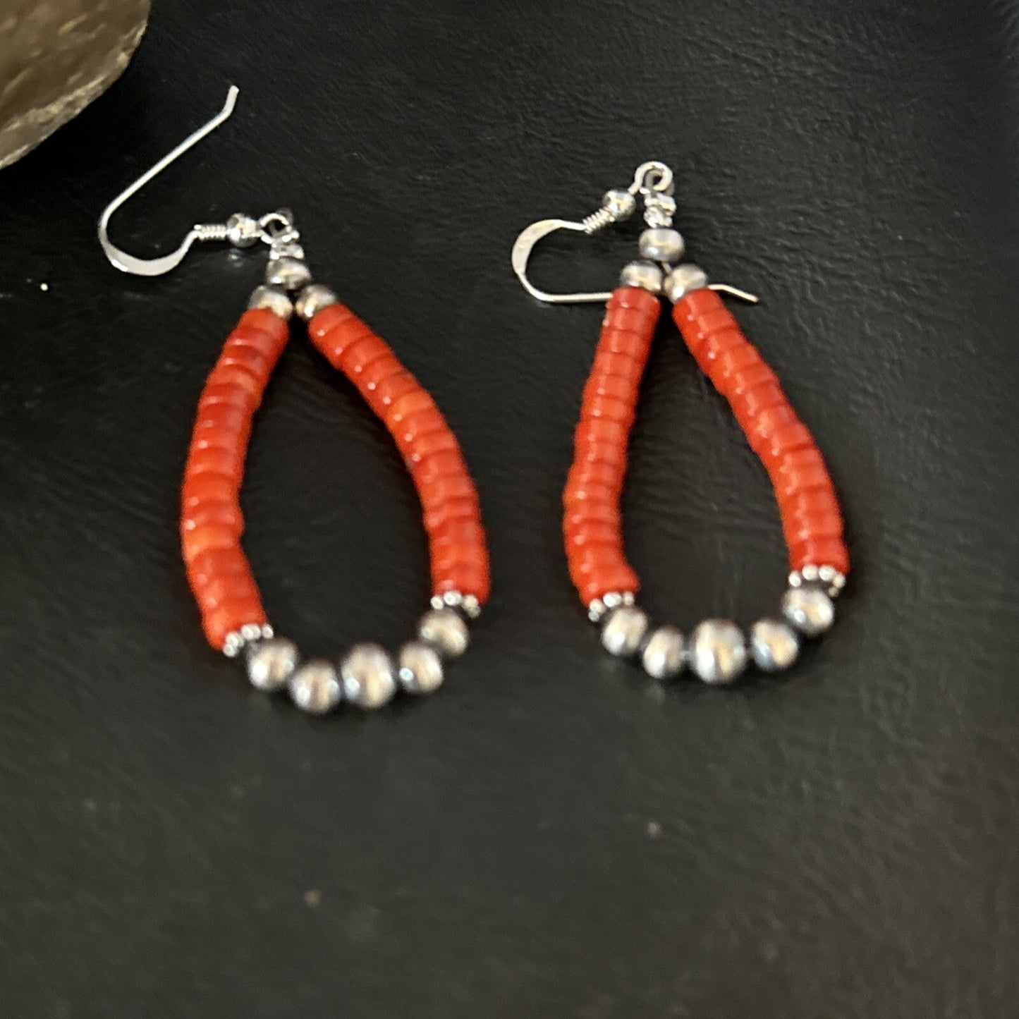 Native American Red Coral Bead Earrings Navajo Sterling Silver 14383