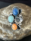 Multicolor Ring Turquoise Spiny Navajo Cluster Size 8.5 | Sterling Silver | Authentic Native American Handmade | 19189