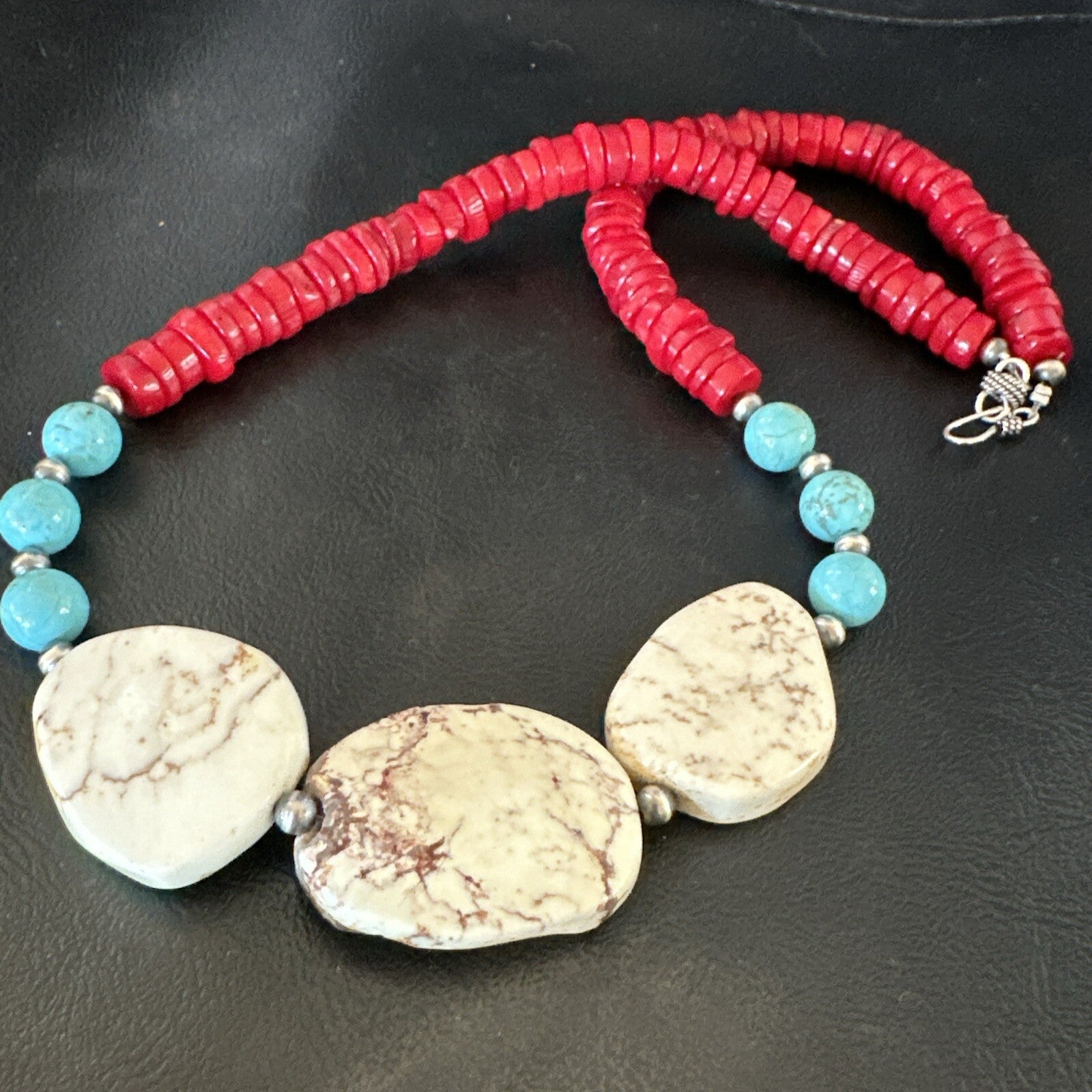 Mens Wild Horse Blue Turquoise Red Coral Navajo Sterling Silver Necklace 17980