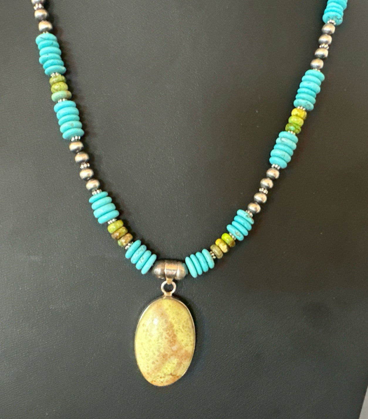 Green Gaspeite Pendant Blue Turquoise Navajo Sterling Silver Necklace 20" 19670