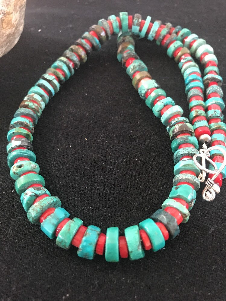 Navajo Mens  Sterling Silver Heishi Turquoise Coral Necklace 8506