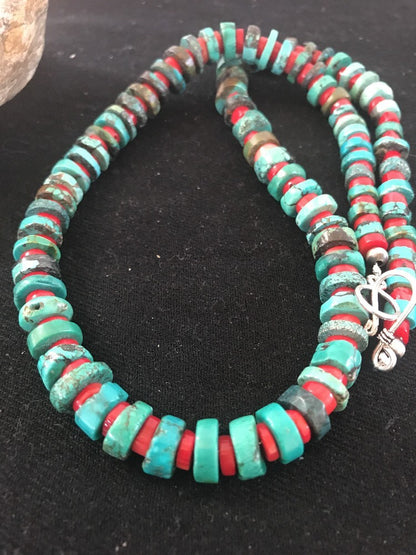 Navajo Mens  Sterling Silver Heishi Turquoise Coral Necklace 8506