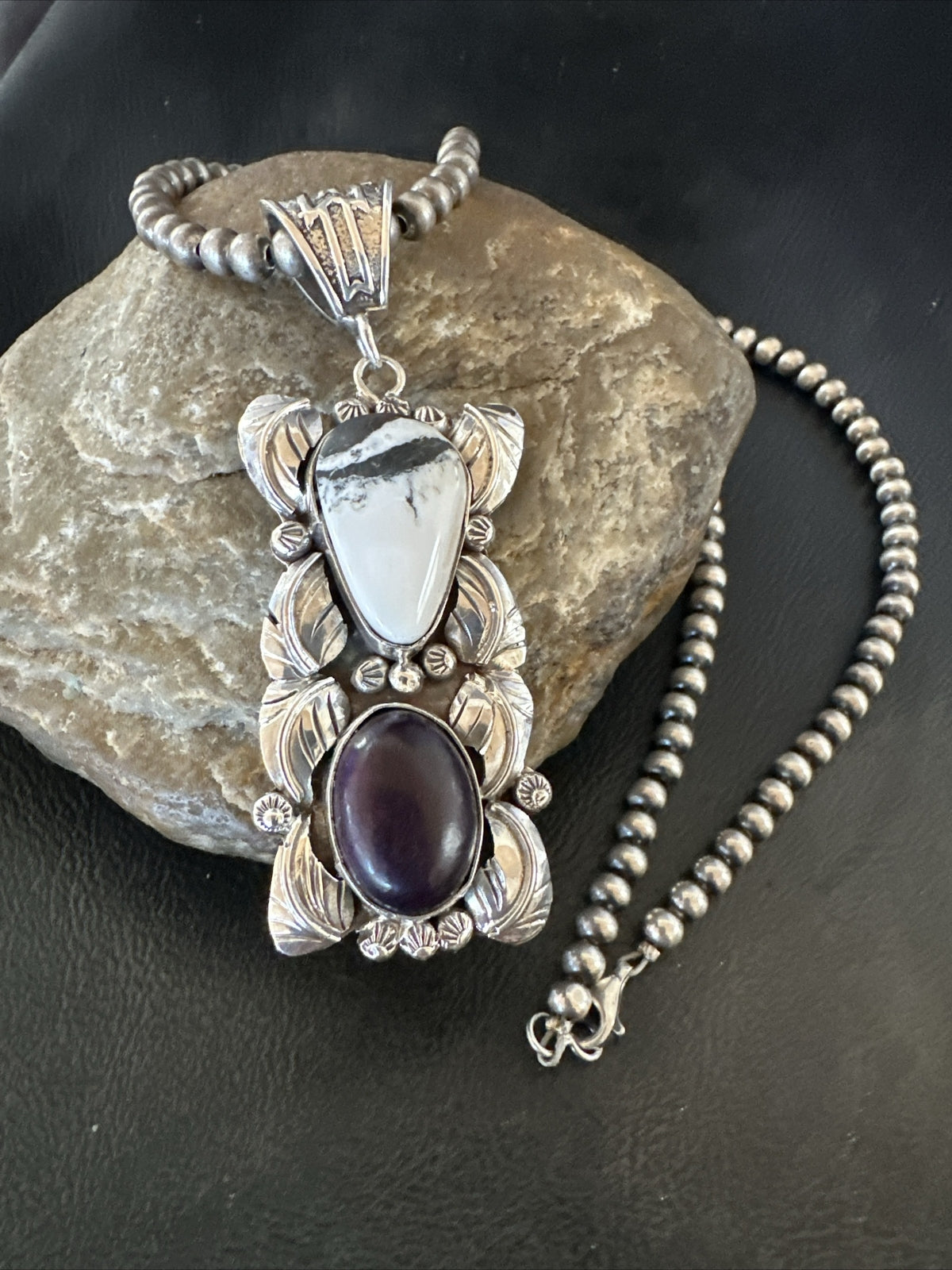 White Buffalo Turquoise  Purple Stone Pendant Navajo Sterling Silver 18036