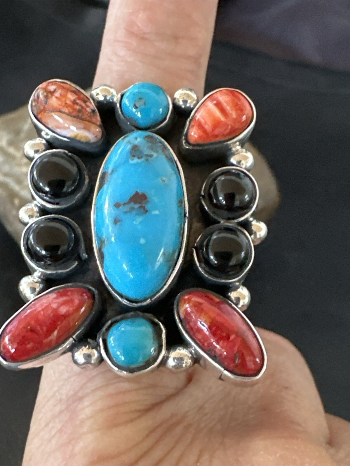 Cluster Blue Turquoise Spiny Oyster Onyx Sterling Silver Ring Size 10 18559