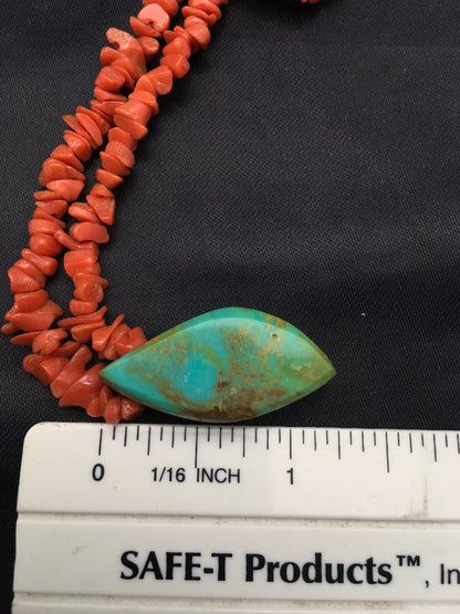 Native American Turquoise Pendant Coral Brass Old Pawn Necklace 19" 04005
