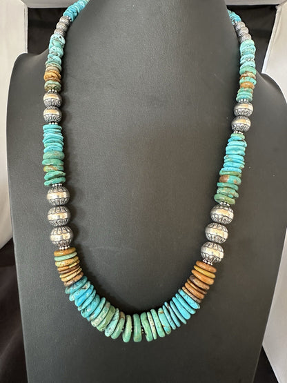 WoMens Blue Green Turquoise Navajo Sterling Silver Necklace 24” 19492