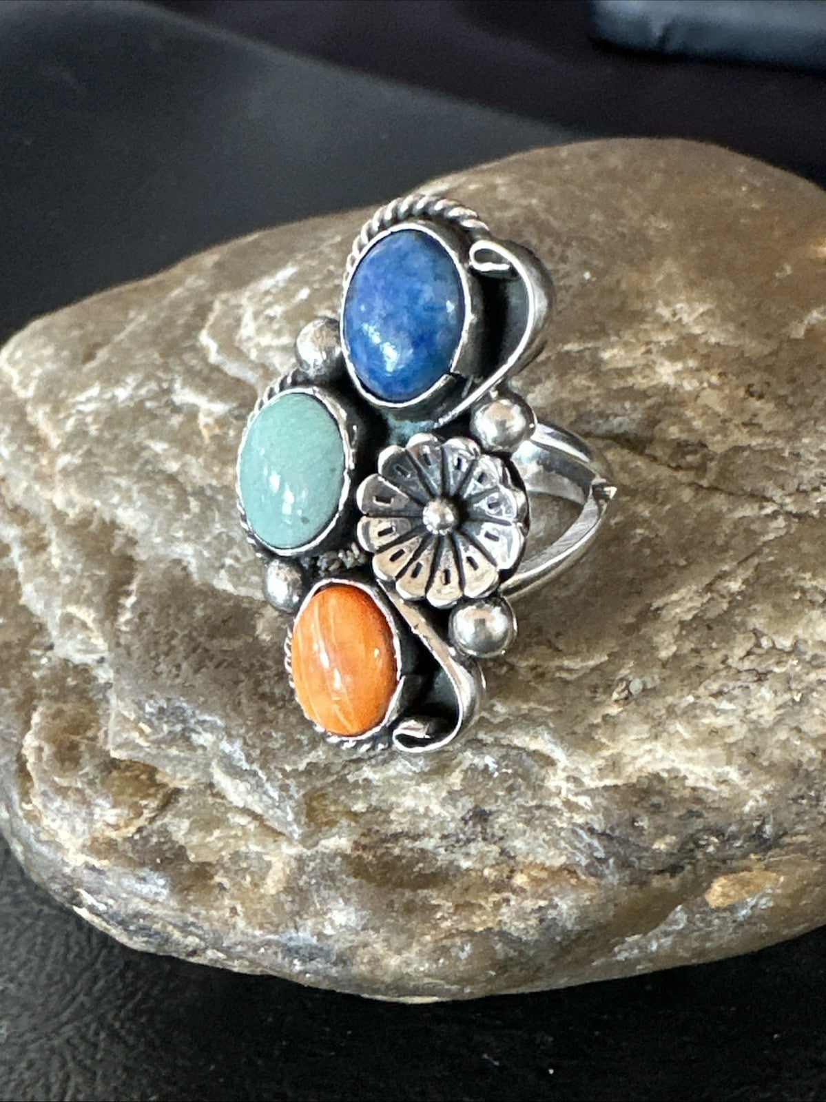 Multicolor Ring Turquoise Spiny Navajo Sterling Silver Cluster Size 8.5 19189