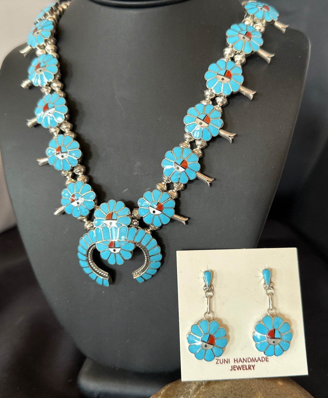 Old Pawn Sunface Turquoise Zuni Sterling Silver Squash Necklace Earrings 19289